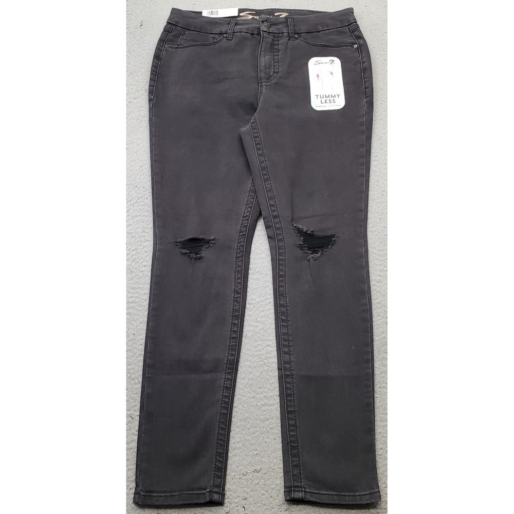 Seven7 Tummyless Skinny Jeans Womens 12 Black Denim Distressed Stretch High Rise